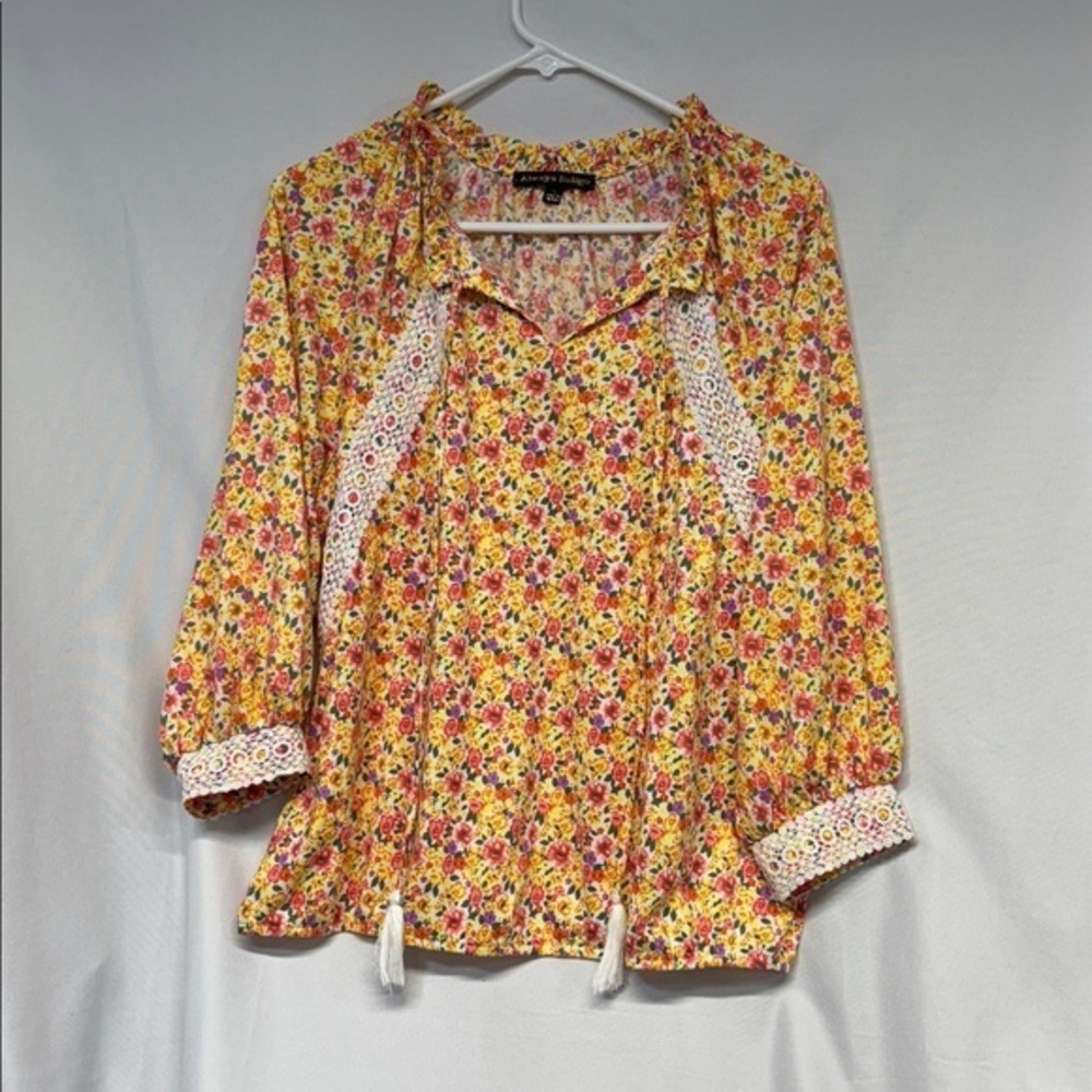Always Indigo Floral Blouse with Lace Accents boho bright color shirt XL